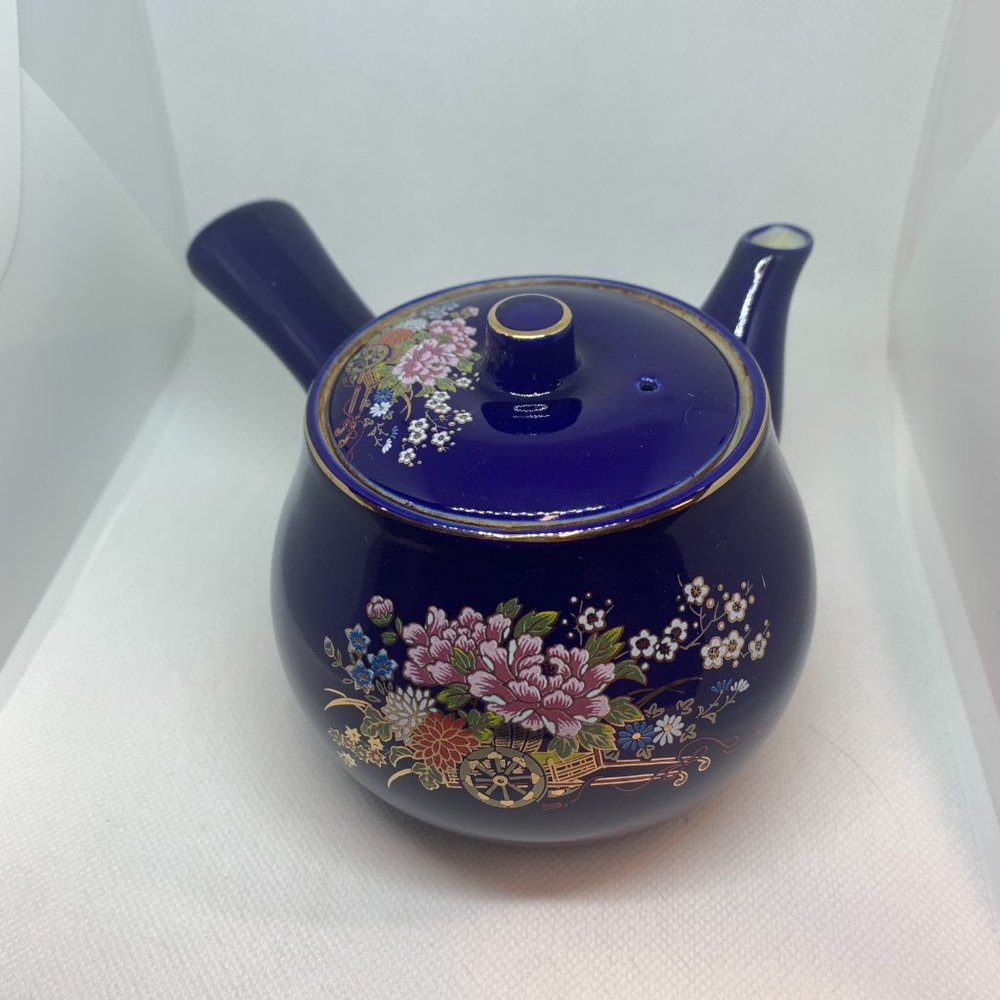 Vintage Japan Saki Cobalt Blue Porcelain Side Handle Tea Pot
